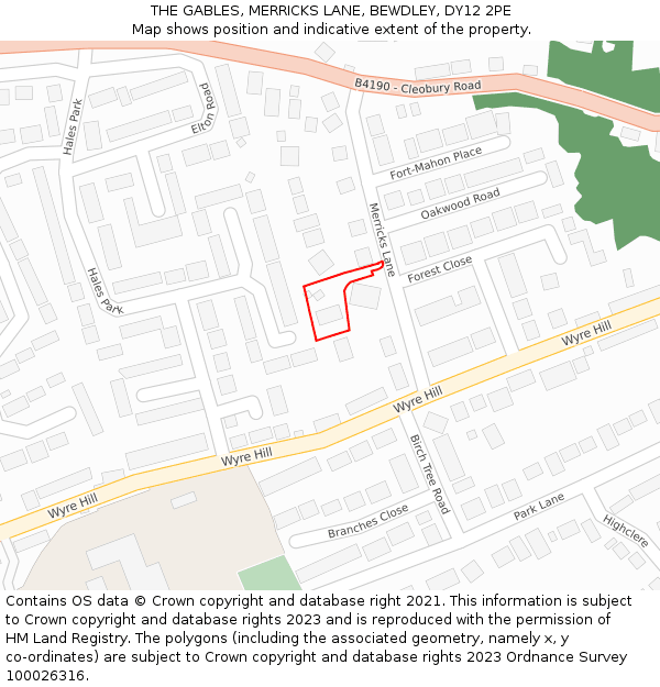 THE GABLES, MERRICKS LANE, BEWDLEY, DY12 2PE: Location map and indicative extent of plot