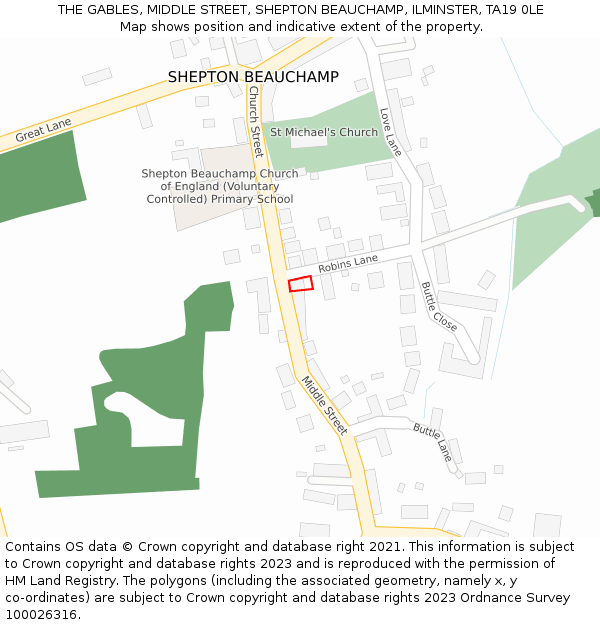 THE GABLES, MIDDLE STREET, SHEPTON BEAUCHAMP, ILMINSTER, TA19 0LE: Location map and indicative extent of plot