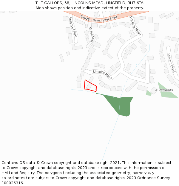 THE GALLOPS, 58, LINCOLNS MEAD, LINGFIELD, RH7 6TA: Location map and indicative extent of plot