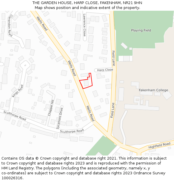 THE GARDEN HOUSE, HARP CLOSE, FAKENHAM, NR21 9HN: Location map and indicative extent of plot