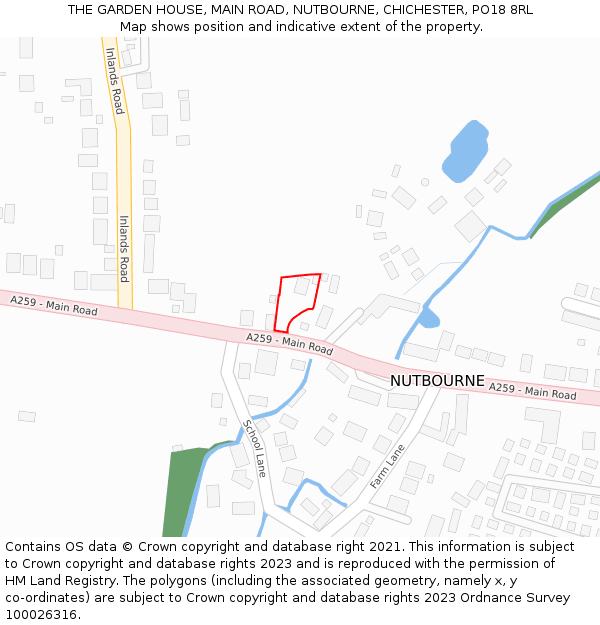 THE GARDEN HOUSE, MAIN ROAD, NUTBOURNE, CHICHESTER, PO18 8RL: Location map and indicative extent of plot