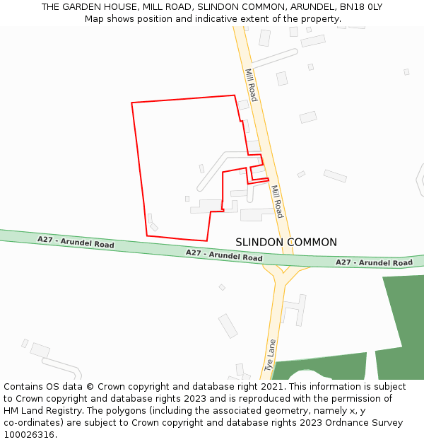 THE GARDEN HOUSE, MILL ROAD, SLINDON COMMON, ARUNDEL, BN18 0LY: Location map and indicative extent of plot