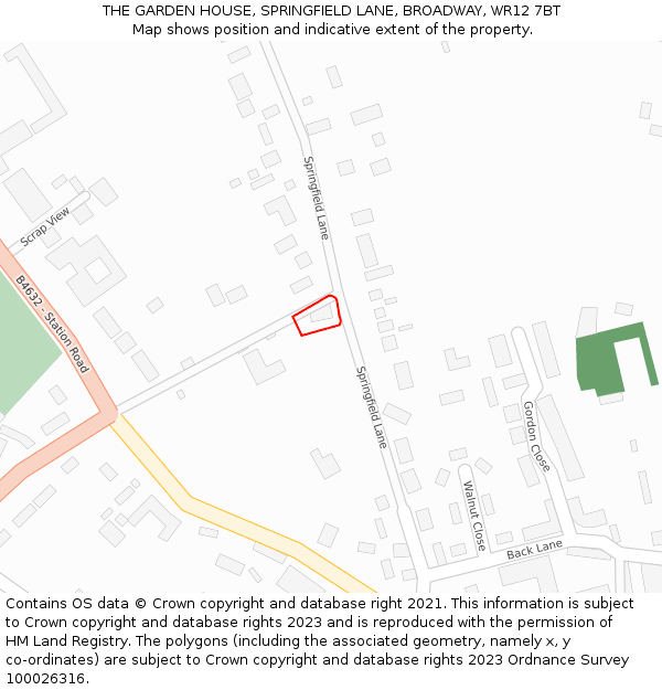 THE GARDEN HOUSE, SPRINGFIELD LANE, BROADWAY, WR12 7BT: Location map and indicative extent of plot