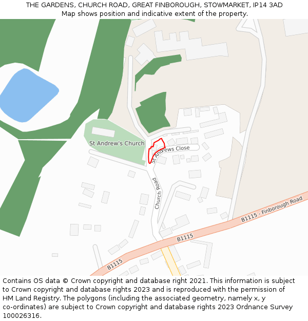 THE GARDENS, CHURCH ROAD, GREAT FINBOROUGH, STOWMARKET, IP14 3AD: Location map and indicative extent of plot