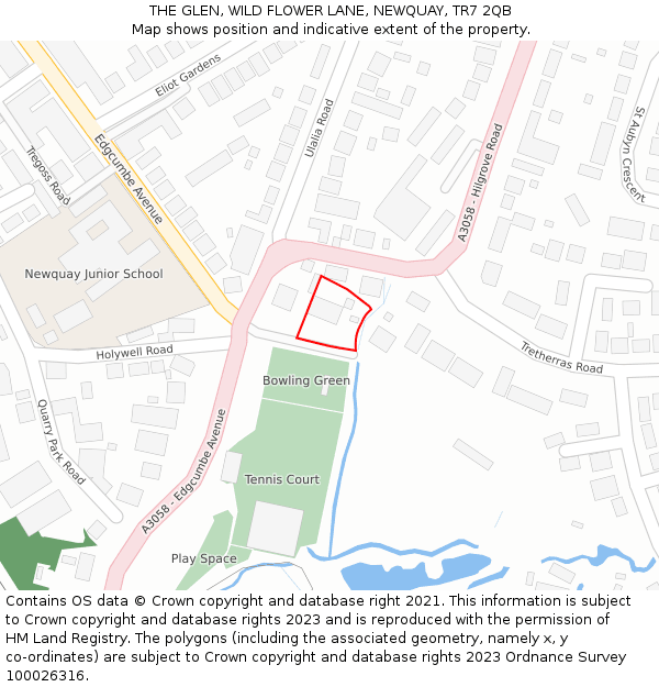 THE GLEN, WILD FLOWER LANE, NEWQUAY, TR7 2QB: Location map and indicative extent of plot