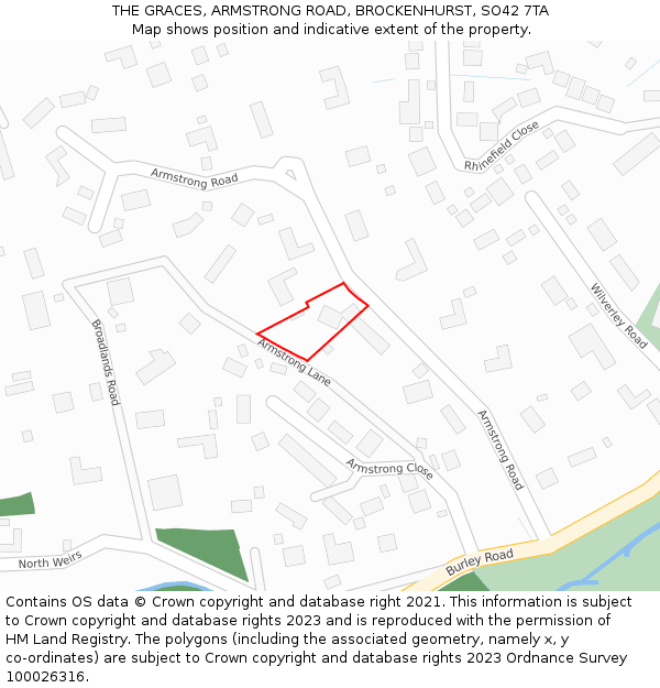 THE GRACES, ARMSTRONG ROAD, BROCKENHURST, SO42 7TA: Location map and indicative extent of plot