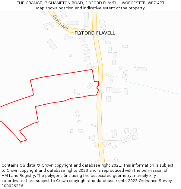 THE GRANGE, BISHAMPTON ROAD, FLYFORD FLAVELL, WORCESTER, WR7 4BT: Location map and indicative extent of plot