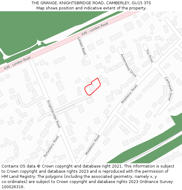 THE GRANGE, KNIGHTSBRIDGE ROAD, CAMBERLEY, GU15 3TS: Location map and indicative extent of plot