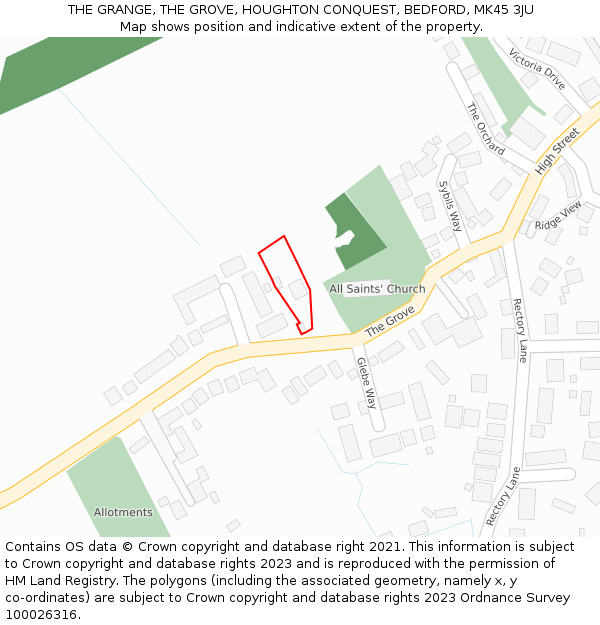 THE GRANGE, THE GROVE, HOUGHTON CONQUEST, BEDFORD, MK45 3JU: Location map and indicative extent of plot