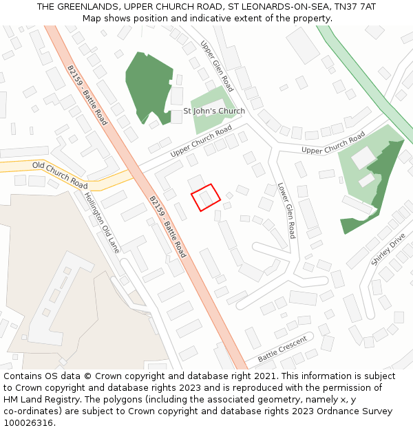 THE GREENLANDS, UPPER CHURCH ROAD, ST LEONARDS-ON-SEA, TN37 7AT: Location map and indicative extent of plot