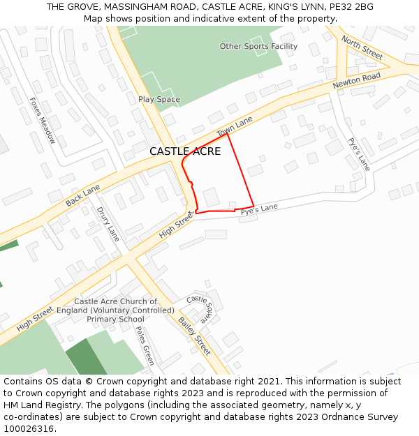 THE GROVE, MASSINGHAM ROAD, CASTLE ACRE, KING'S LYNN, PE32 2BG: Location map and indicative extent of plot