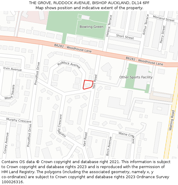 THE GROVE, RUDDOCK AVENUE, BISHOP AUCKLAND, DL14 6PF: Location map and indicative extent of plot
