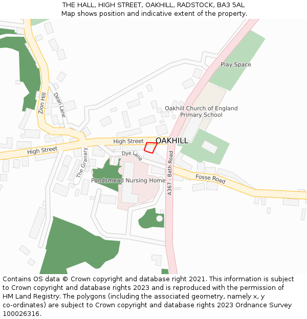 THE HALL, HIGH STREET, OAKHILL, RADSTOCK, BA3 5AL: Location map and indicative extent of plot