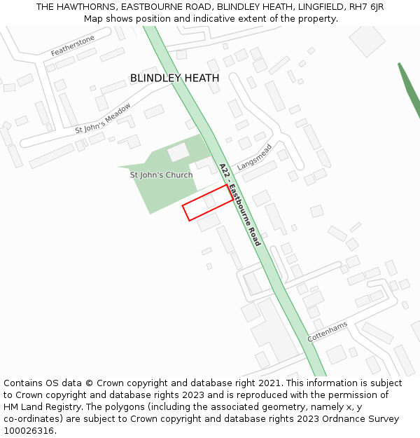 THE HAWTHORNS, EASTBOURNE ROAD, BLINDLEY HEATH, LINGFIELD, RH7 6JR: Location map and indicative extent of plot