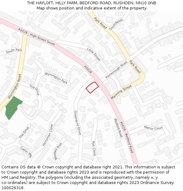 THE HAYLOFT, HILLY FARM, BEDFORD ROAD, RUSHDEN, NN10 0NB: Location map and indicative extent of plot