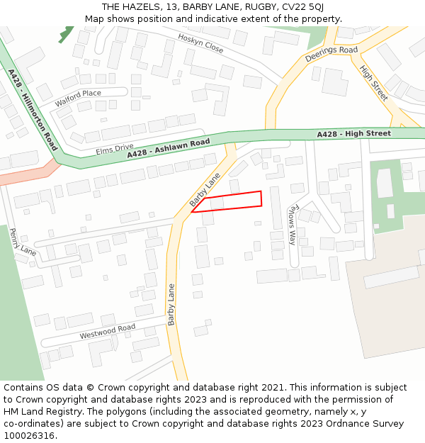 THE HAZELS, 13, BARBY LANE, RUGBY, CV22 5QJ: Location map and indicative extent of plot