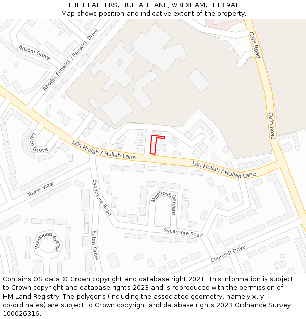 THE HEATHERS, HULLAH LANE, WREXHAM, LL13 9AT: Location map and indicative extent of plot