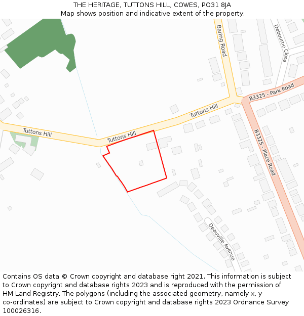 THE HERITAGE, TUTTONS HILL, COWES, PO31 8JA: Location map and indicative extent of plot