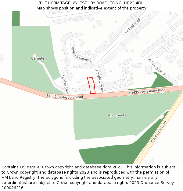 THE HERMITAGE, AYLESBURY ROAD, TRING, HP23 4DH: Location map and indicative extent of plot