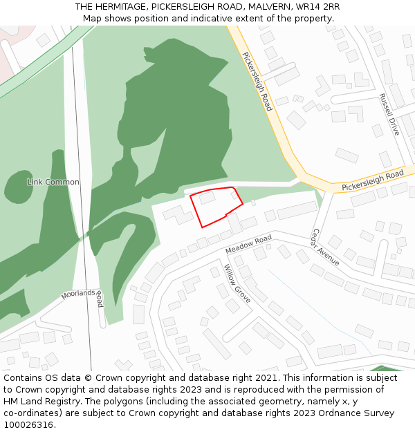 THE HERMITAGE, PICKERSLEIGH ROAD, MALVERN, WR14 2RR: Location map and indicative extent of plot