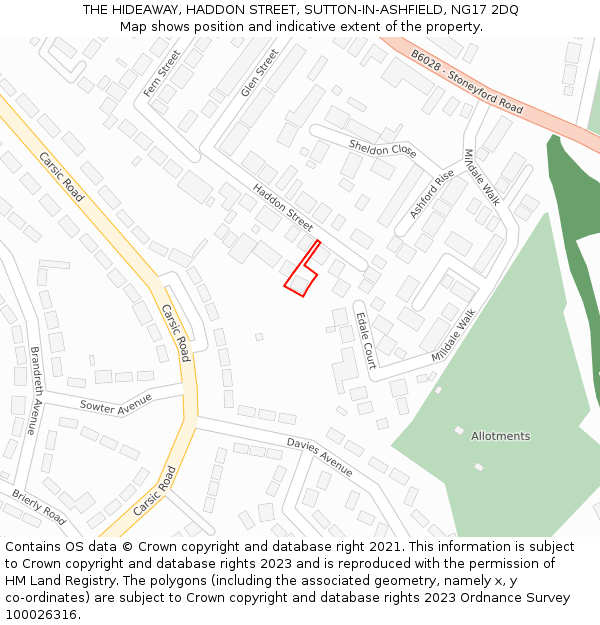 THE HIDEAWAY, HADDON STREET, SUTTON-IN-ASHFIELD, NG17 2DQ: Location map and indicative extent of plot