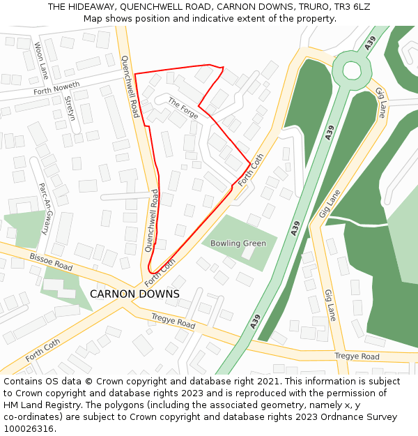 THE HIDEAWAY, QUENCHWELL ROAD, CARNON DOWNS, TRURO, TR3 6LZ: Location map and indicative extent of plot