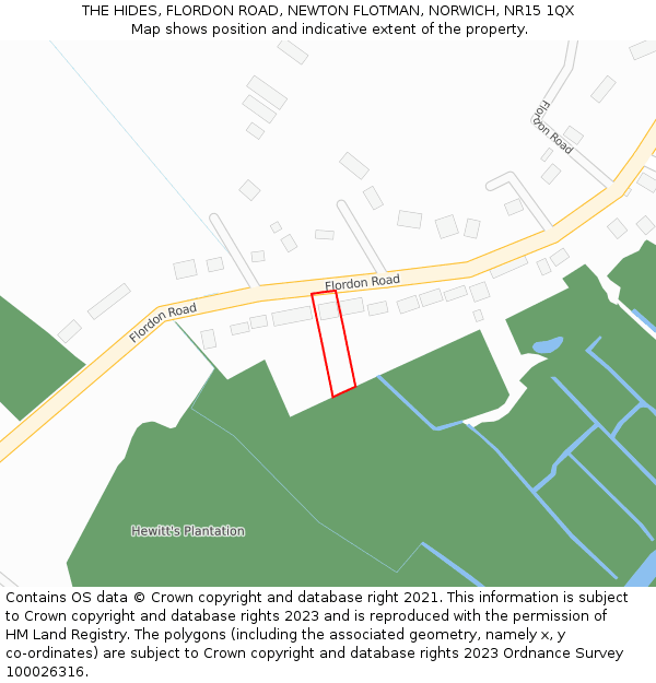 THE HIDES, FLORDON ROAD, NEWTON FLOTMAN, NORWICH, NR15 1QX: Location map and indicative extent of plot