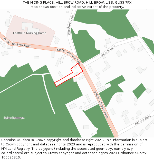 THE HIDING PLACE, HILL BROW ROAD, HILL BROW, LISS, GU33 7PX: Location map and indicative extent of plot