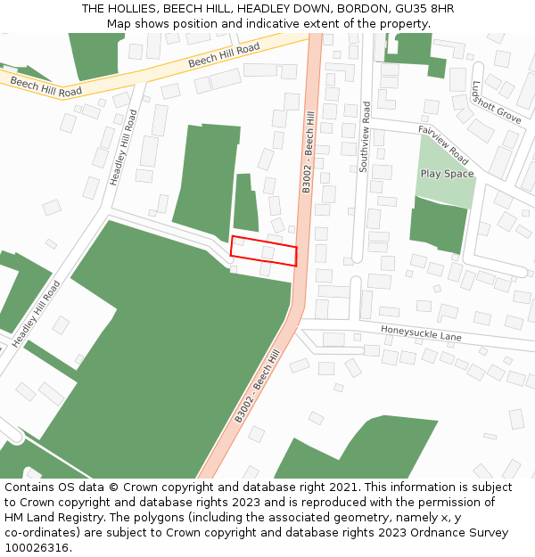 THE HOLLIES, BEECH HILL, HEADLEY DOWN, BORDON, GU35 8HR: Location map and indicative extent of plot