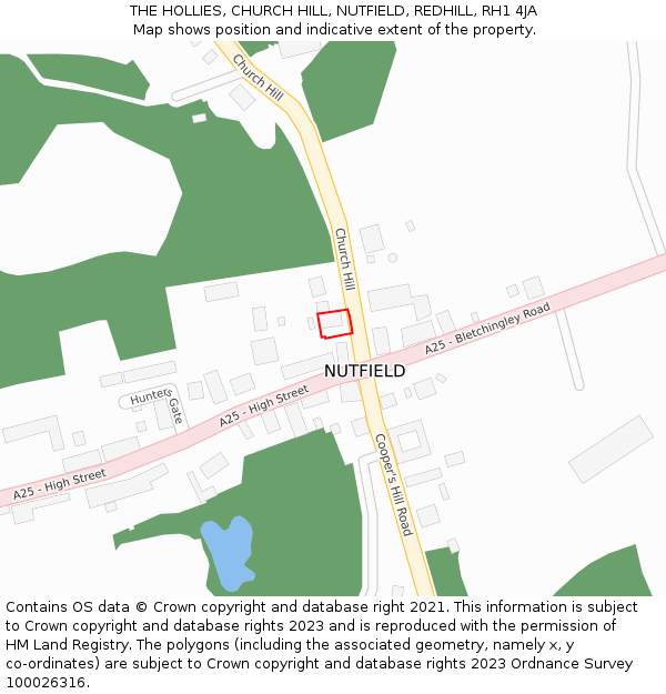 THE HOLLIES, CHURCH HILL, NUTFIELD, REDHILL, RH1 4JA: Location map and indicative extent of plot