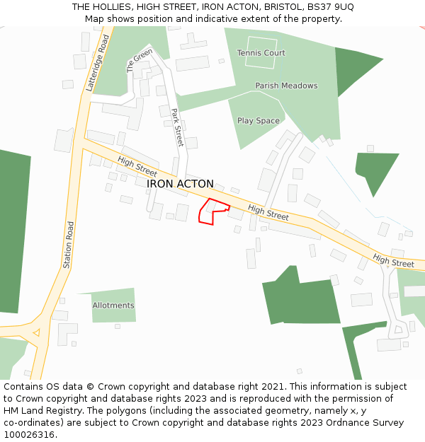 THE HOLLIES, HIGH STREET, IRON ACTON, BRISTOL, BS37 9UQ: Location map and indicative extent of plot