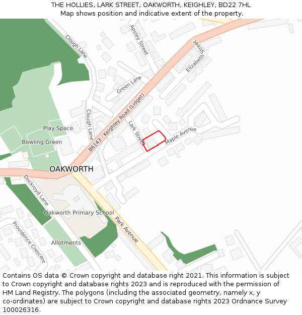 THE HOLLIES, LARK STREET, OAKWORTH, KEIGHLEY, BD22 7HL: Location map and indicative extent of plot