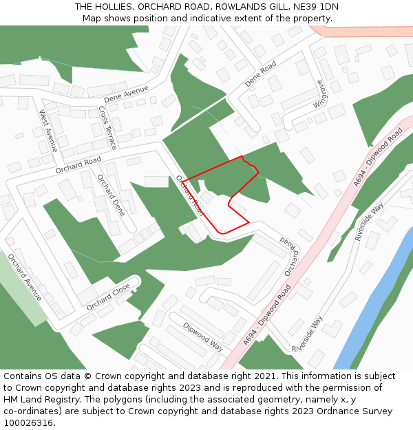 THE HOLLIES, ORCHARD ROAD, ROWLANDS GILL, NE39 1DN: Location map and indicative extent of plot