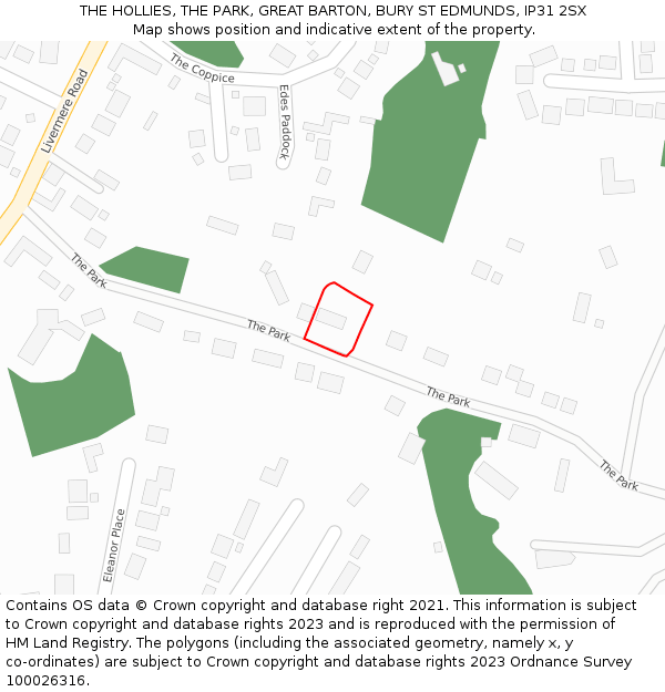 THE HOLLIES, THE PARK, GREAT BARTON, BURY ST EDMUNDS, IP31 2SX: Location map and indicative extent of plot