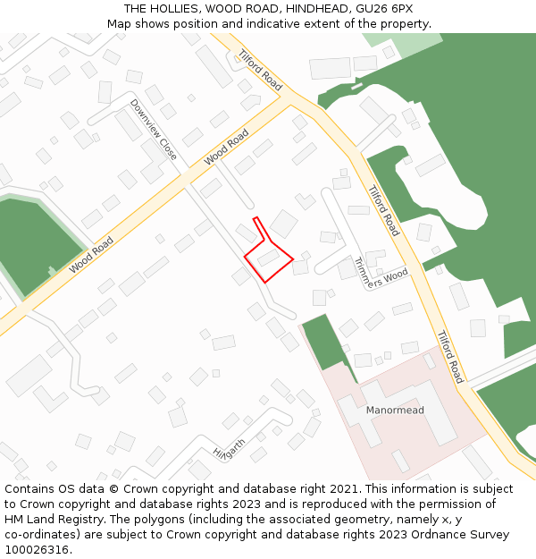 THE HOLLIES, WOOD ROAD, HINDHEAD, GU26 6PX: Location map and indicative extent of plot