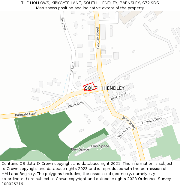 THE HOLLOWS, KIRKGATE LANE, SOUTH HIENDLEY, BARNSLEY, S72 9DS: Location map and indicative extent of plot