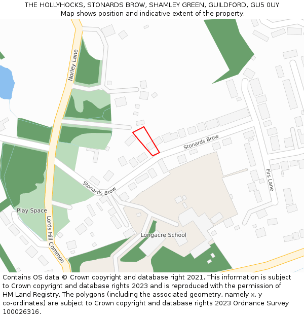 THE HOLLYHOCKS, STONARDS BROW, SHAMLEY GREEN, GUILDFORD, GU5 0UY: Location map and indicative extent of plot