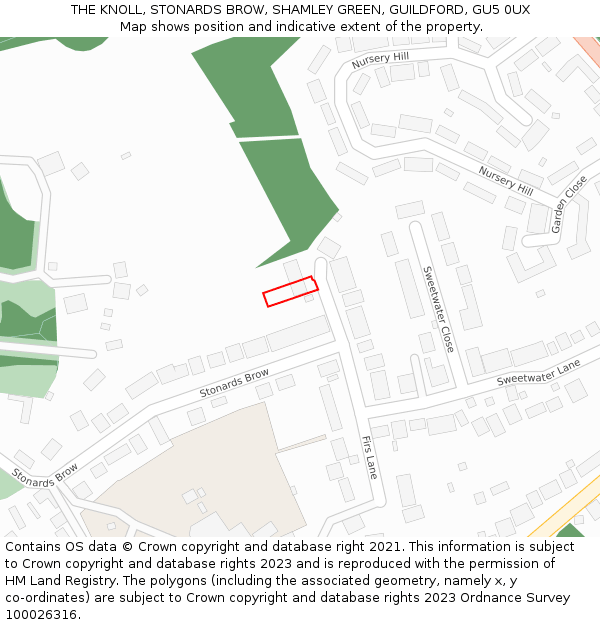 THE KNOLL, STONARDS BROW, SHAMLEY GREEN, GUILDFORD, GU5 0UX: Location map and indicative extent of plot