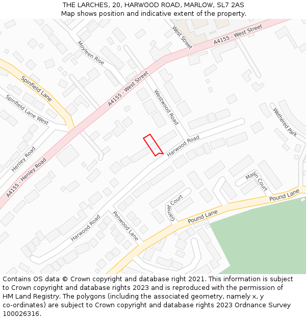 THE LARCHES, 20, HARWOOD ROAD, MARLOW, SL7 2AS: Location map and indicative extent of plot