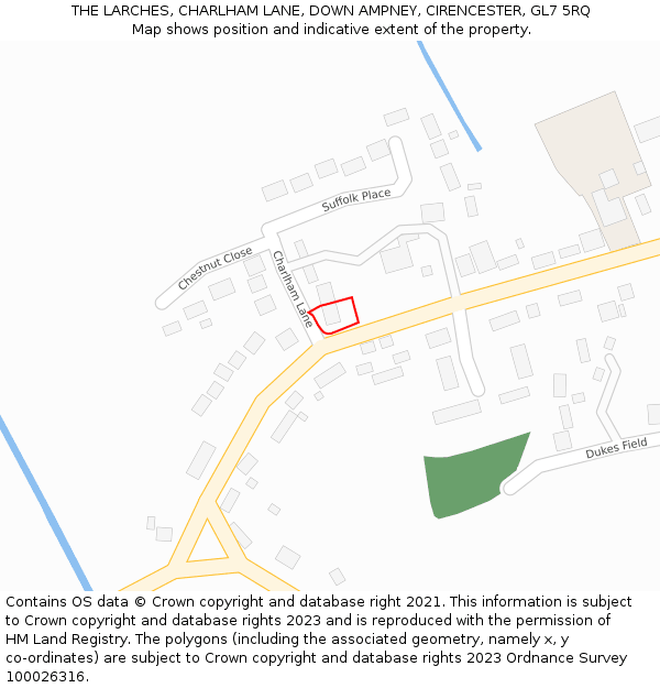 THE LARCHES, CHARLHAM LANE, DOWN AMPNEY, CIRENCESTER, GL7 5RQ: Location map and indicative extent of plot