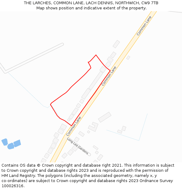 THE LARCHES, COMMON LANE, LACH DENNIS, NORTHWICH, CW9 7TB: Location map and indicative extent of plot