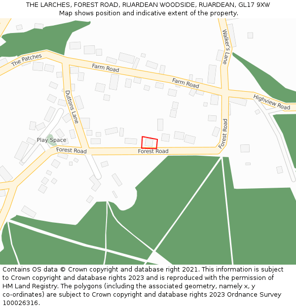 THE LARCHES, FOREST ROAD, RUARDEAN WOODSIDE, RUARDEAN, GL17 9XW: Location map and indicative extent of plot