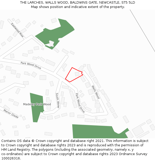 THE LARCHES, WALLS WOOD, BALDWINS GATE, NEWCASTLE, ST5 5LD: Location map and indicative extent of plot