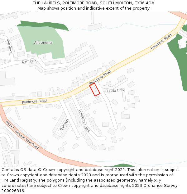 THE LAURELS, POLTIMORE ROAD, SOUTH MOLTON, EX36 4DA: Location map and indicative extent of plot