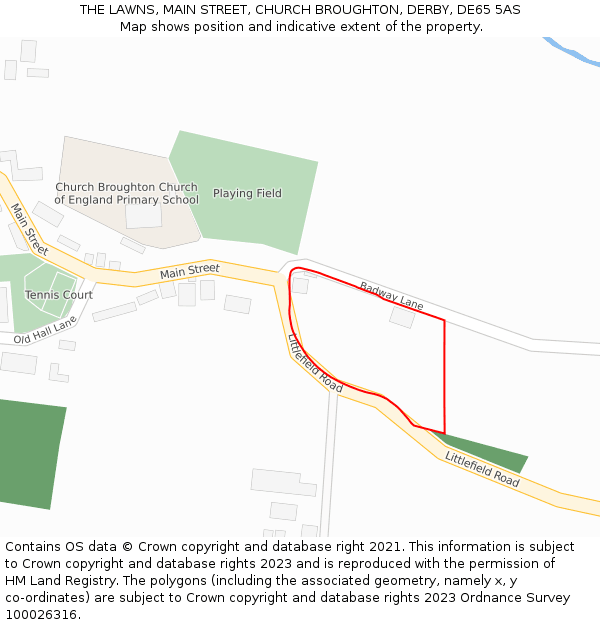 THE LAWNS, MAIN STREET, CHURCH BROUGHTON, DERBY, DE65 5AS: Location map and indicative extent of plot