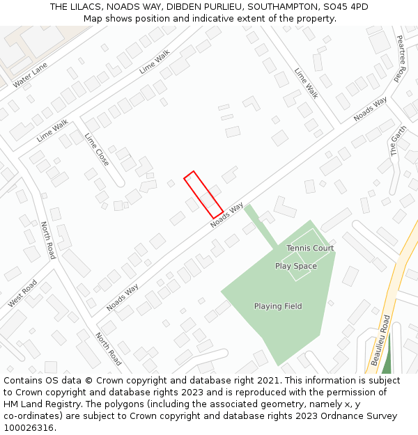 THE LILACS, NOADS WAY, DIBDEN PURLIEU, SOUTHAMPTON, SO45 4PD: Location map and indicative extent of plot