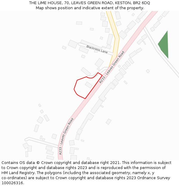 THE LIME HOUSE, 70, LEAVES GREEN ROAD, KESTON, BR2 6DQ: Location map and indicative extent of plot