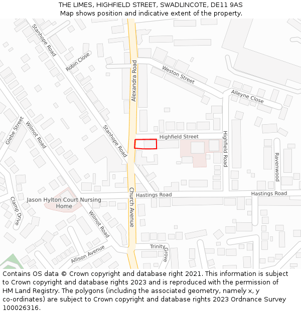 THE LIMES, HIGHFIELD STREET, SWADLINCOTE, DE11 9AS: Location map and indicative extent of plot