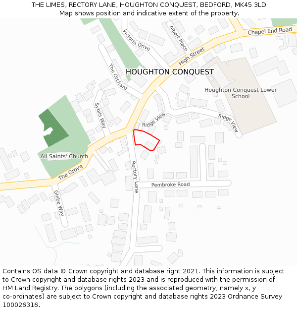THE LIMES, RECTORY LANE, HOUGHTON CONQUEST, BEDFORD, MK45 3LD: Location map and indicative extent of plot