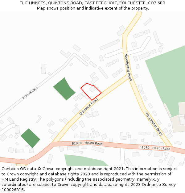 THE LINNETS, QUINTONS ROAD, EAST BERGHOLT, COLCHESTER, CO7 6RB: Location map and indicative extent of plot